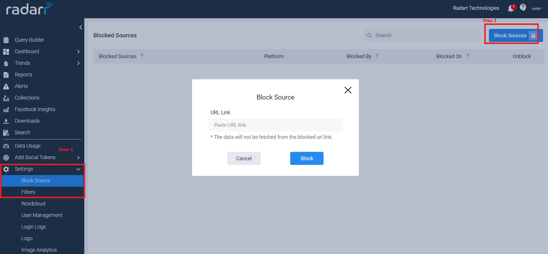 Block Source for Settings option in Radarr Dashboard